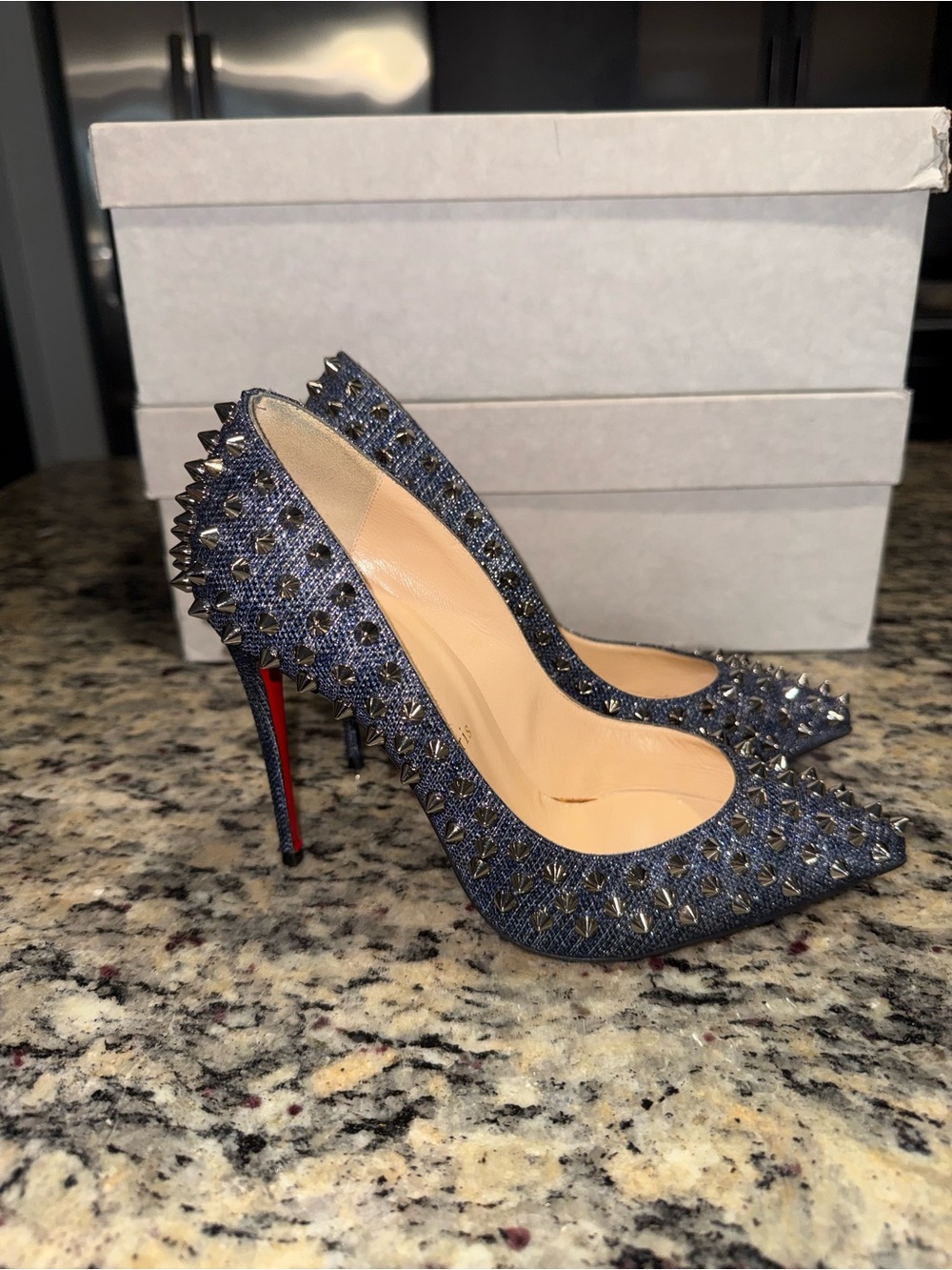 Christian Louboutin Denim Blue Spike-Stud Pointed Toe Pumps